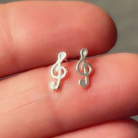 Sterling Silver Treble Clef Tiny Stud Earrings - Picture 3 of 8
